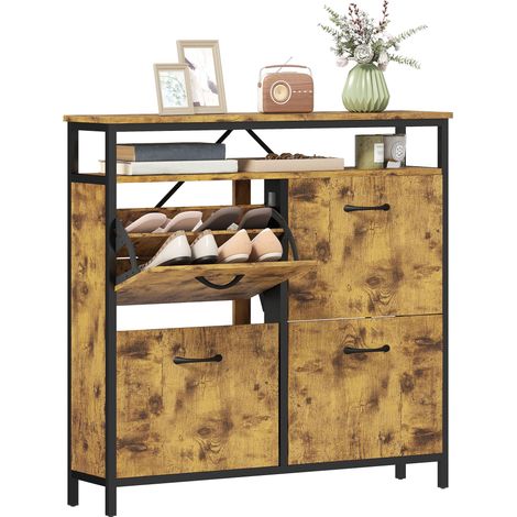 Meuble à chaussures avec 4 tiroirs rabattables, design fen, étagère ouverte, pour 12 à 20 paires de chaussures, acier, marron (1/5)