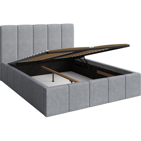 Letto contenitore RAVELLO 160x200 cm in tessuto grigio con testiera capitonné e rete inclusa (1/5)