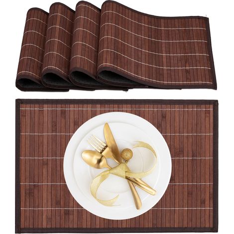 Relaxdays Tischset, 4er Set, Bambus, Stoff, rutschhemmend, 45x30 cm, Teller, Esstisch, eckiges Platzset, braun/schwarz
