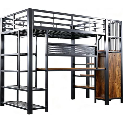 Cama alta de metal 90 x 200 cm negra con escritorio, estantes, panel perforado, LED y tomas Euro (1/5)