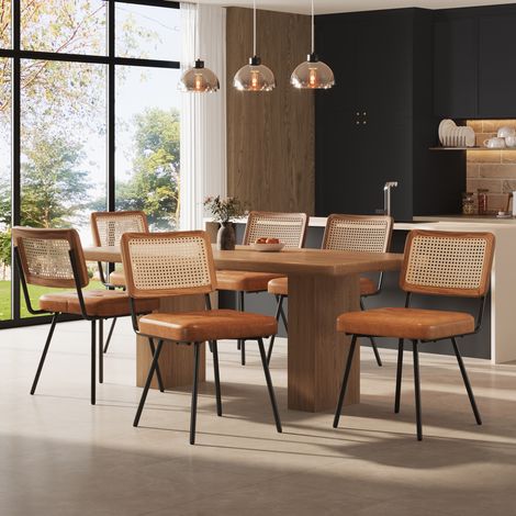 CHICFURN Juego de 6 sillas de comedor 61x46x79 cm en PU marrón, respaldo de ratán PE retro (1/5)