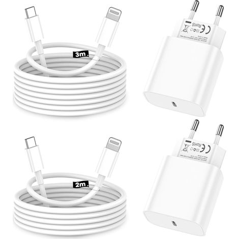 Chargeur iPhone,2Pack Chargeur Rapide de 20W Adaptateur avec 2M&3M [Certifié Apple MFi ] USB-C de données Lightning Cordon de Charge Compatible avec iPhone 14 13 12 11 Pro Max XS XR X,iPad (1/4)
