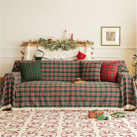 [NUNCA USADO] Manta navideña, funda de sofá, manta de chenilla con borlas, funda de sofá, manta navideña para sofá, decoración navideña protectora (rojo, verde, 180 x 230 cm) (1/5)