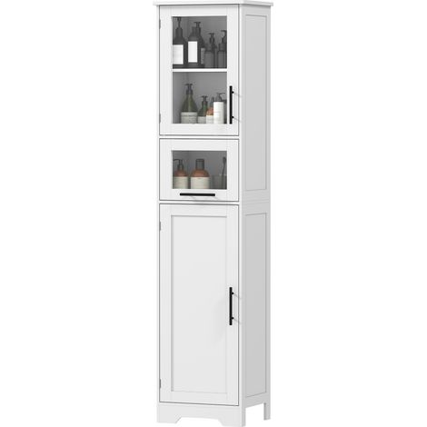 Weißer Badezimmerschrank (40 x 31 x 170 cm) mit Schublade, 2 Türen und verstellbarem Einlegeboden