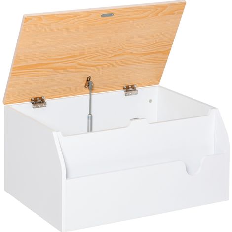 Wooden Kids Toy Box Children Storage Chest Organiser Book Slot Safety Hinge Playroom Furniture White (1/5)