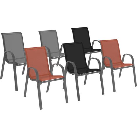Idmarket – Lot de 6 chaises de jardin empilables en métal et textilène – Structure acier gris anthracite – Assise textilène gris, noir et terracotta