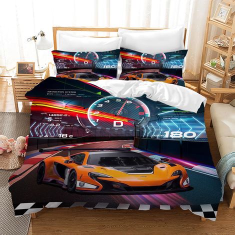 Housse de Couette Voiture de Course 200×200 cm,Linge de Lit pour Enfants,Motif Voiture de Sport 3D,1 Housse de Couette et 2 Taies d'oreiller 50 x 75 cm (1/5)