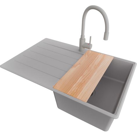 PRIMAGRAN Evier Cuisine en Granit 78x50cm, Lavabo 1 bac + Robinet 38x14cm + Kit de Vidage + Accessoire, Évier à Encastrer au meuble 45cm - Copenhague, Gris (1/5)