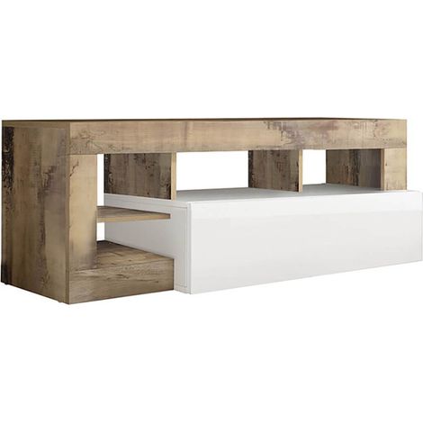 ARTURO - Meuble TV 1 Abattant Blanc Laqué Encadrement Niches Aspect Bois Antik (1/4)