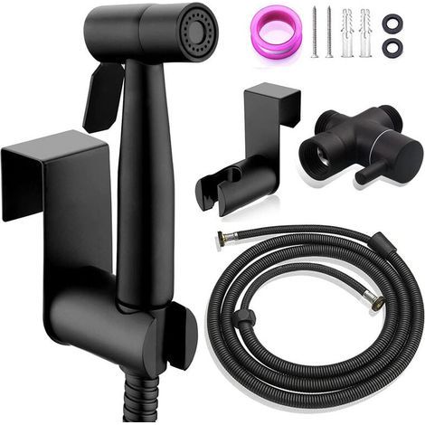 Kit hygiène + robinet 3 voies - Kit Douchette WC.Pulvérisateur de bidet à main. Douchette Toilette WC Eau Chaude et Froide avec Flexible et Support. Noir . (1/5)
