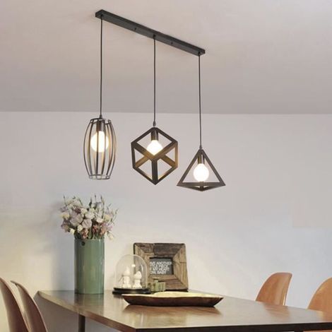 Lustre suspension 3 lampes industriel luminaire abat-jour noir E27 pour cuisine, restaurant, bar (1/4)