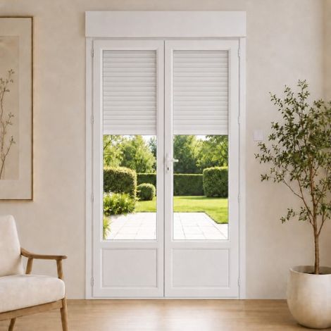 Porte Fenêtre PVC blanc 2 vantaux hors tout H 239 x L 126 cm ouverture française avec volet roulant électrique pour pose en neuf
