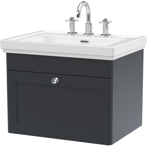Nuie Classique Wall Hung 1-Drawer Vanity Unit with Basin 600mm Wide Satin Anthracite - 3 Tap Hole (1/5)