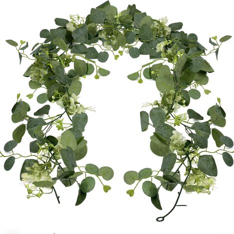 2 Pièces Guirlande d'Eucalyptus Artificielle avec Fleurs Blanches 1,8m Guirlande de Verdure pour Décoration de Mariage, Maison, Table (1/5)