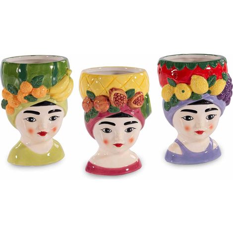 Vasi in ceramica colorata lucida con volto di donna e cappello con frutta esotica, set da 3 pezzi, cm 9,5 x 9 x 13,5 H