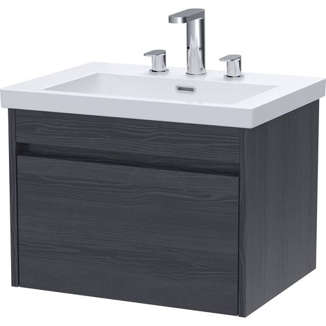 Swainsley Contemporary Wall Hung 1 Drawer Vanity Unit with 3 Tap Hole Fireclay Basin, 600mm, Graphite Grey Woodgrain (1/3)