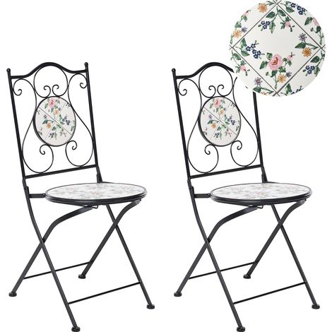 Set da giardino in metallo 2 sedie in stile ferro battuto pieghevoli con piastrelle in mosaico ceramica nero Collio