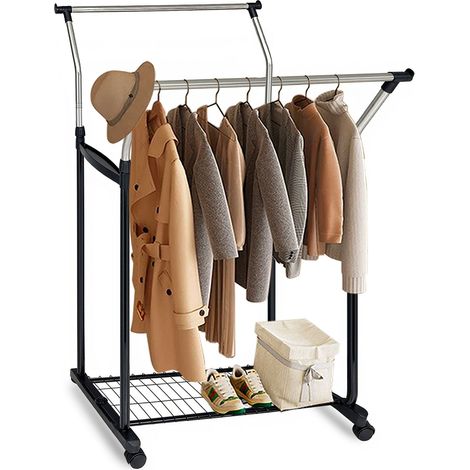 Perchero con ruedas Relaxdays, doble barra para colgar, gran estante, altura ajustable 108-160 cm, plateado/negro