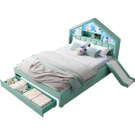 Kinderbett 140 x 200 cm aus Samt, Rutsche Beidseitig Montierbar, LED und Ladeanschluss, ohne Matratze (1/5)