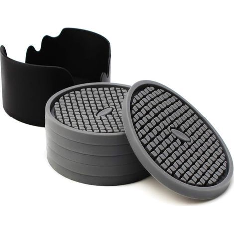 Juego de 6 posavasos de silicona gris de 10 cm de diámetro con soportes: ranuras profundas y absorbentes, perfectos para bebidas calientes y frías (1/5)