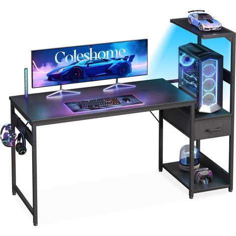 Table PC gamer 138 x 48 cm avec éclairage LED, bureau gaming avec tiroirs et étagère pour accessoires (1/5)