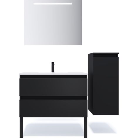 Meuble de salle de bain suspendu vasque intégrée 90cm 2 tiroirs Noir + miroir + colonne ouverture droite - Hudson (1/5)