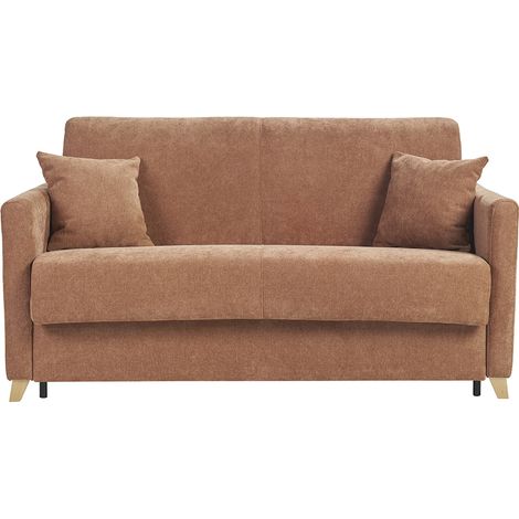 Sofá cama de 3 plazas en tela efecto terciopelo tierra quemada y madera clara con colchón de 18 cm SKANDY