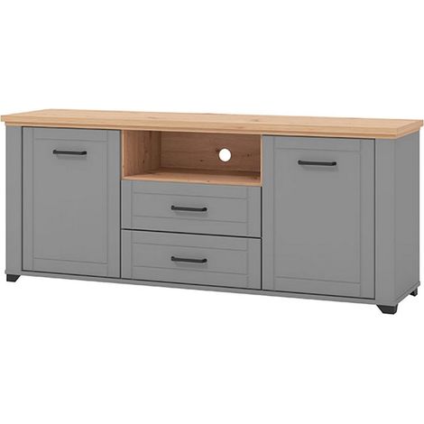 Mueble TV Redondo, 2 Cajones, 4 Estantes, Puerta Abatible, Corredera, 161x41x66.5h cm Gris Oscuro