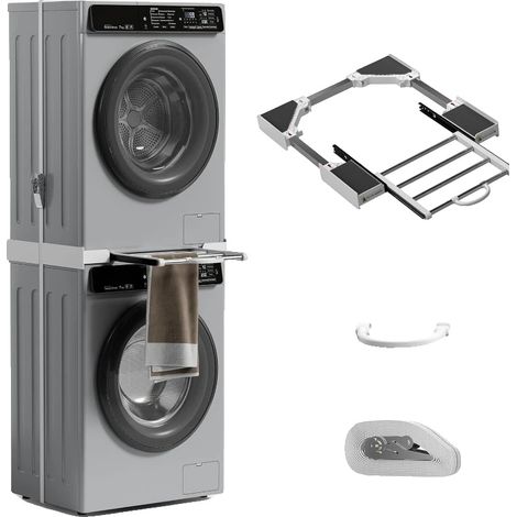 Ensemble de superposition lave-linge-sèche-linge, dimensions ajustables, acier inoxydable renforcé, haute capacité de charge, mécanisme de sangle de serrage, compatibilité universelle (1/5)