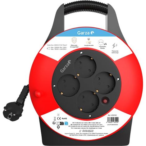 Garza -Avvolgicavo domestico 3G interno con 4 prese, protezione da sovratensione, surriscaldamento e bambino, tamburo elettrico, 5 m, alloggiamento resistente, IP20 (1/5)