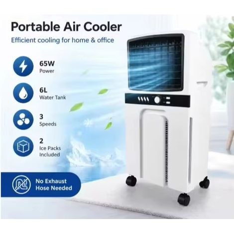 Refroidisseur d'air portable 6L, climatiseur évaporatif 65W, 3 vitesses, ventilateur de refroidissement à eau avec roulettes pour la maison, la chambre, le bureau (1/5)
