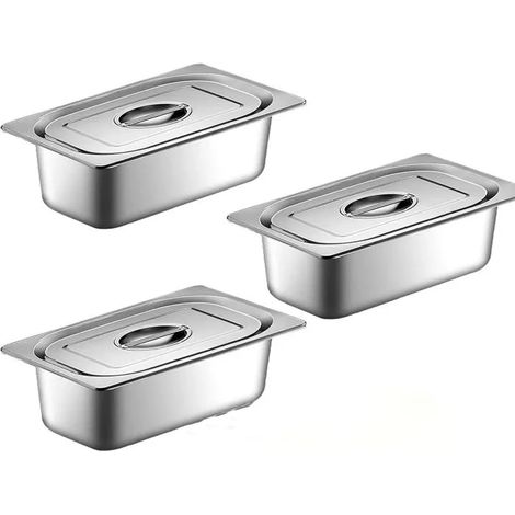 Juego de 3 recipientes gastronorm de acero inoxidable con tapas incluidas, aptos para inducción, 65 mm de profundidad, para uso profesional. (1/5)