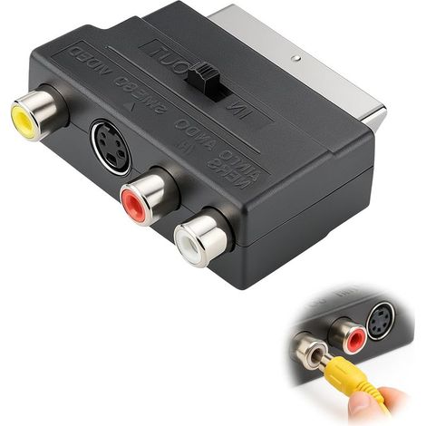 Adaptateur Péritel vers 3X RCA in Out + S-Video S-VHS, Compatible avec TV, DVD, VHS, Adaptateur SCART/S-VHS/AV, Consoles et Plus D'appareils (1/5)