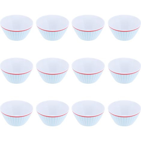 12 Salatschüsseln in Porzellanimitation (6 Zoll), hellblaues Geschirr mit Karomuster, elegantes Speiseservice. (1/5)