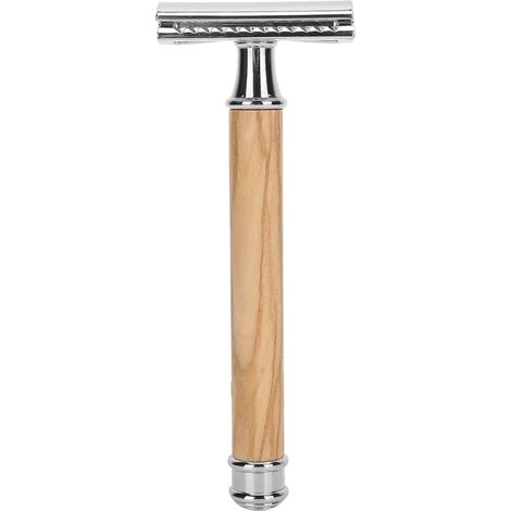 Rasoir Manuel Double Face en Bois avec Manche Antidérapant et Lame Rasoir Précise Portable (Argent) (1/5)