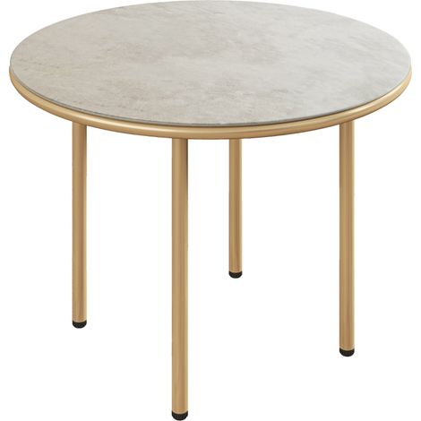 Round Coffee Table, Modern End Side Table with Faux Marble Tempered Glass Top, Steel Frame for Living Room, Bedroom, Office, Beige