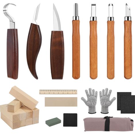 Juego de cinceles para madera 24 en 1: herramientas para tallar con 7 cuchillos, gubia y guantes resistentes a los cortes. Para principiantes y profesionales. (1/5)