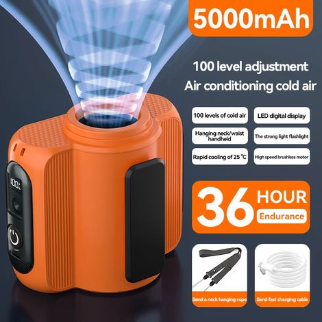 Ventilateur portable orange à porter à la taille, batterie externe pour chantiers extérieurs, mini ventilateur (1/5)