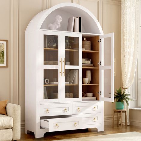 Buffet haut 110x40x185 cm en PB et MDF blanc, portes vitrées et rangement pour salon – MEUBLIV (1/5)