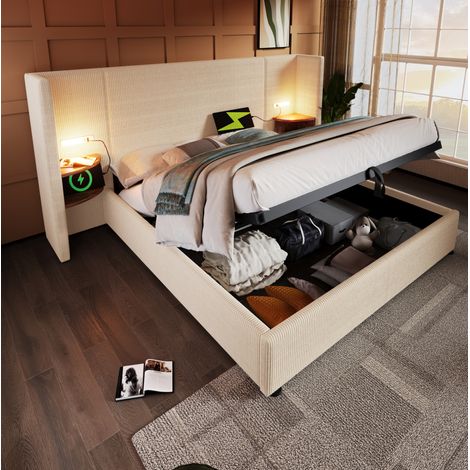 Bett Doppelbett Stauraum 160x200 Ladefunktion Beige OKMYHOME (1/5)
