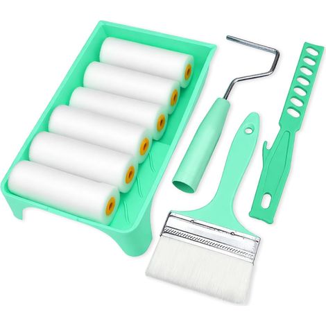 Lot de 10 rouleaux de peinture en mousse de 10 cm avec bac à peinture et rouleaux de rechange pour meubles, bois, portes et plinthes, idéal pour la rénovation avec des couleurs brillantes (1/5)