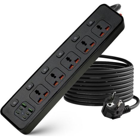 Multiprise Universelle, Multiprise Parafoudre, 5 Prises Internationales avec Interrupteurs Individuels, 4 USB-C, 2 USB-A, 3000W (1/5)
