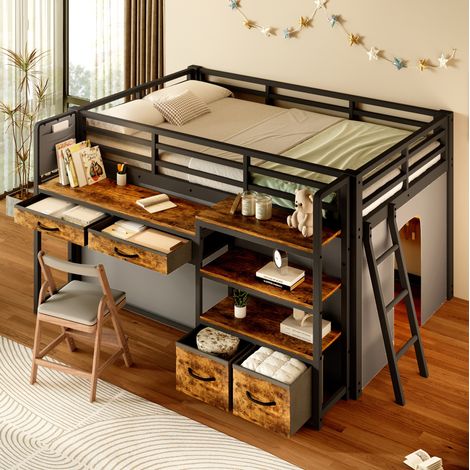 Lit mezzanine 140x200 cm métal noir, bureau-rangement, gain de place, sans matelas – MEUBLIV (1/5)