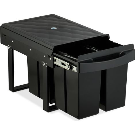 Relaxdays Einbaumülleimer, 4 Fächer, 4x 8 l, HxBxT: 34,6 x 34 x 51,8 cm, ausziehbar, Müllsystem Unterschrank, schwarz