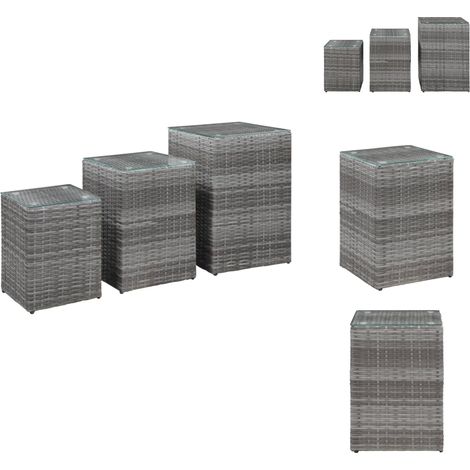 Beistelltische 3 Stk. mit Glasplatte Grau Poly Rattan - Beistelltisch - Wohnzimmer Dekoration - Gartenmöbel - Outdoor Möbel - Esszimmer (1/5)