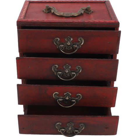 Boîte à bijoux vintage chinoise 4 tiroirs en bois, rangement compact spacieux pour boucles d'oreilles et accessoires (1/5)