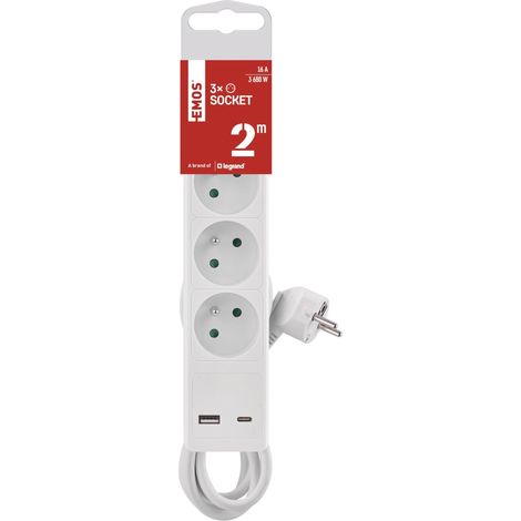 Multiprise 3 Prises avec Charge USB et 2m de câble 1,5 mm2 - Multiprise avec Interrupteur 3X Prise, 1x USB C, 1x USB A - Convient au Montage Mural - IP20 pour l'intérieur - Blanc (1/5)