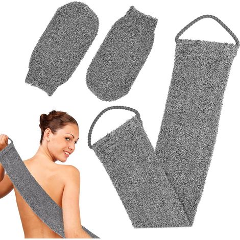 Lot de 3 gants exfoliants double face en fibre de bambou, avec brosse de dos et sangle de bain. (1/5)