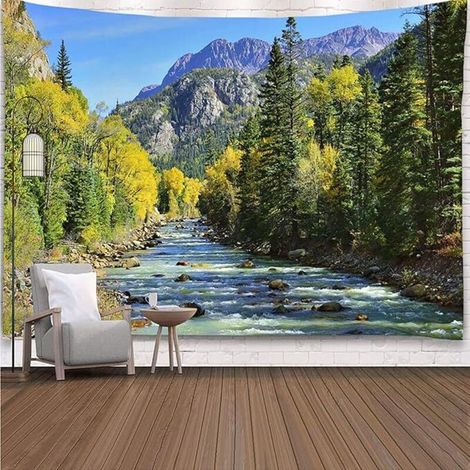 Tapisserie de forêt de montagne naturelle, paysage de cascade de pin vert pittoresque, tapisserie murale à suspendre pour la maison, le bureau, le dortoir, 60 l x 50 L pouces (1/5)