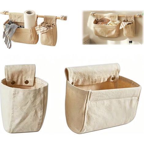 Lot de 2 sacs de rangement suspendus ou muraux en coton et lin, avec fermeture à pression. Dimensions : petit (10 x 16 cm) et grand (23,5 x 17 cm). Convient pour tringle. Idéal pour ranger ustensiles (1/5)